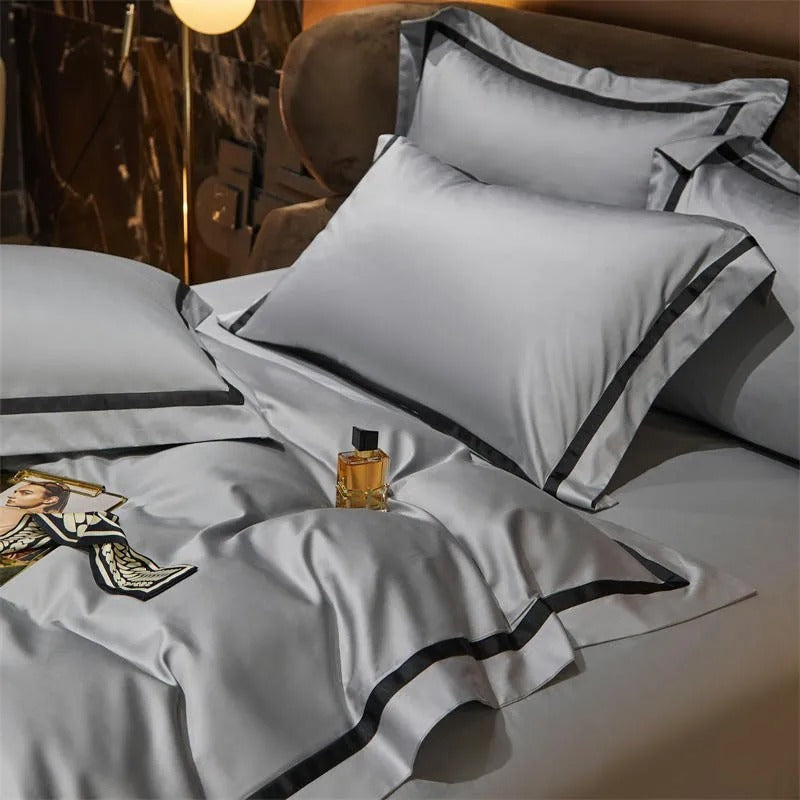 Brisa Silver Contrasting Hotel Stripe Bedding Set
