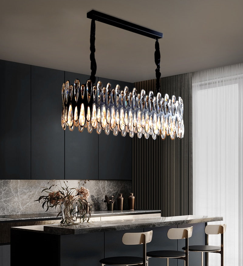 YLK Modern dining room crystal chandelier luxury black kitchen island hanging lamp oval design home