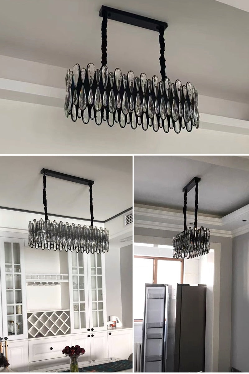 YLK Modern dining room crystal chandelier luxury black kitchen island hanging lamp oval design home