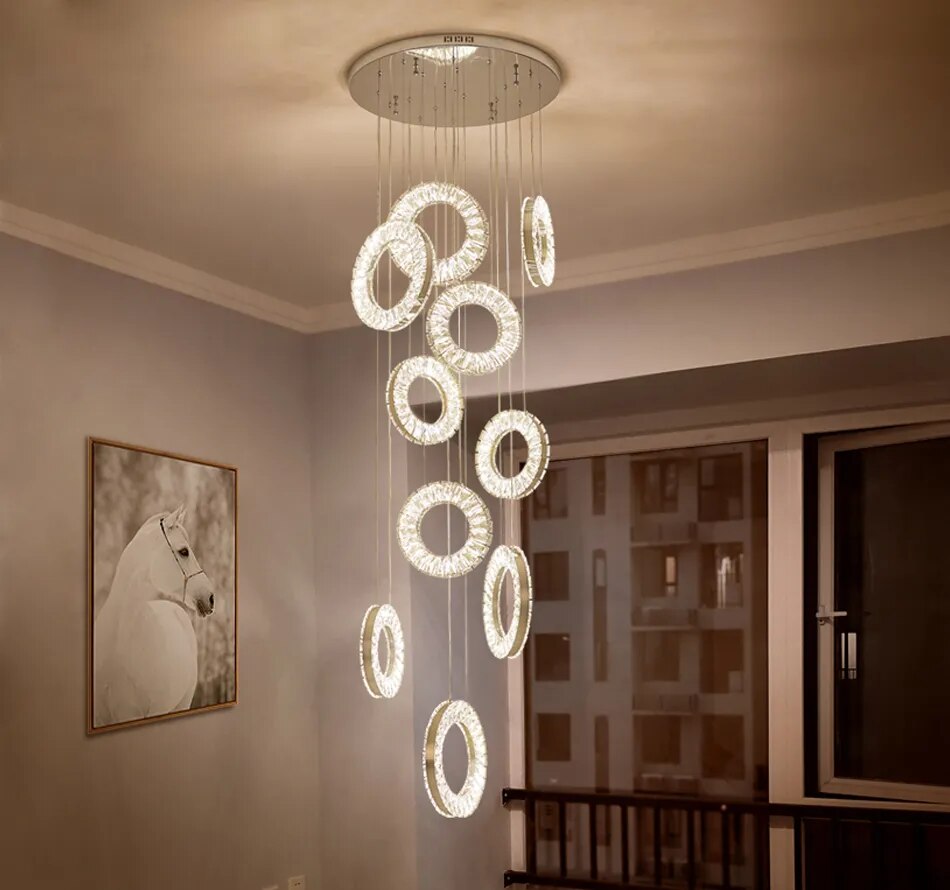 YLK Ring Design modern crystal chandelier for staircase long villa hall hanging