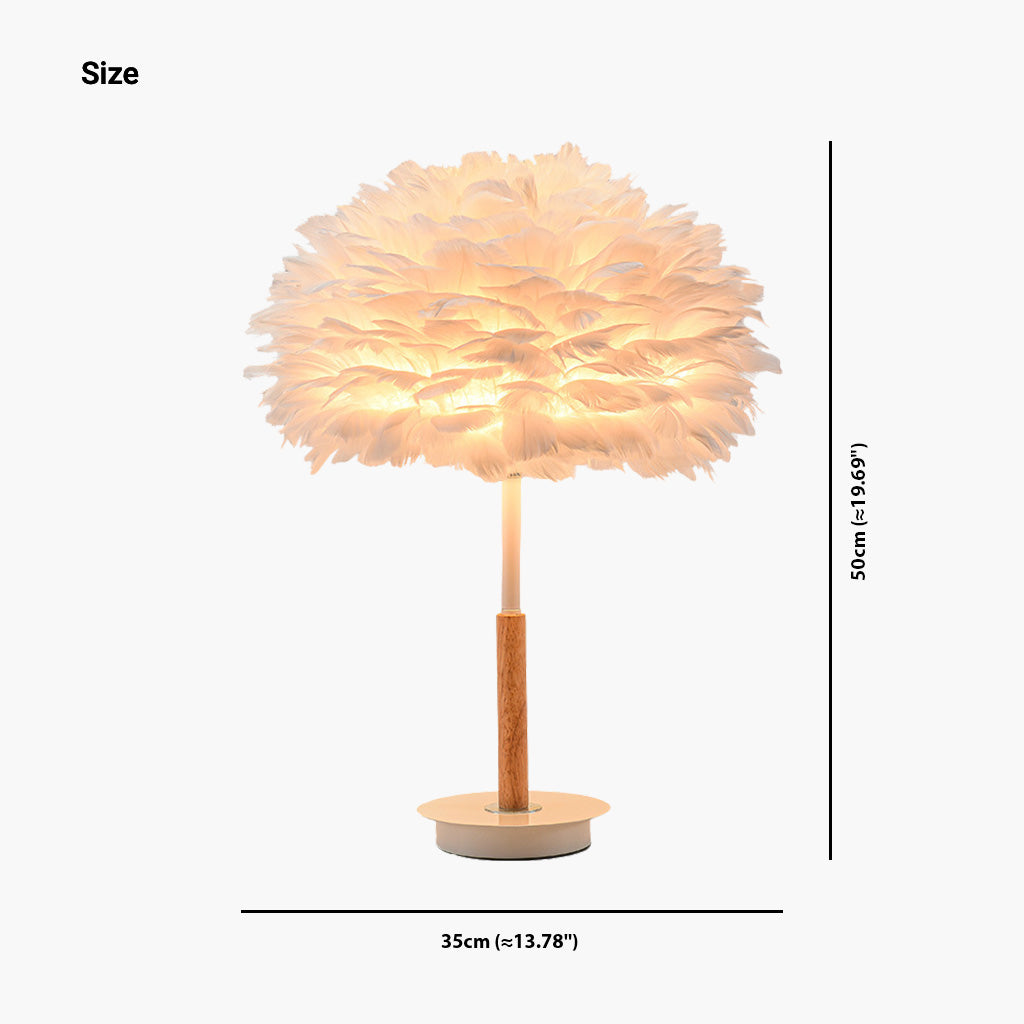 Feather Bedside Table Lamp Minimalist Bloom with Wood & Metal Body, White