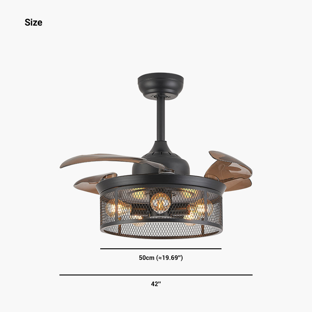 Ceiling Fan Light Cage Fandelier Retro with Retractable Blades, Coffee