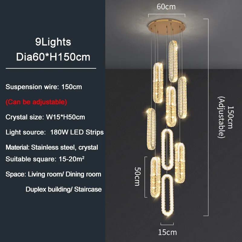 YLK Oval Long LED Crystal chandelier for staircase luxury lobby hallway hanging light