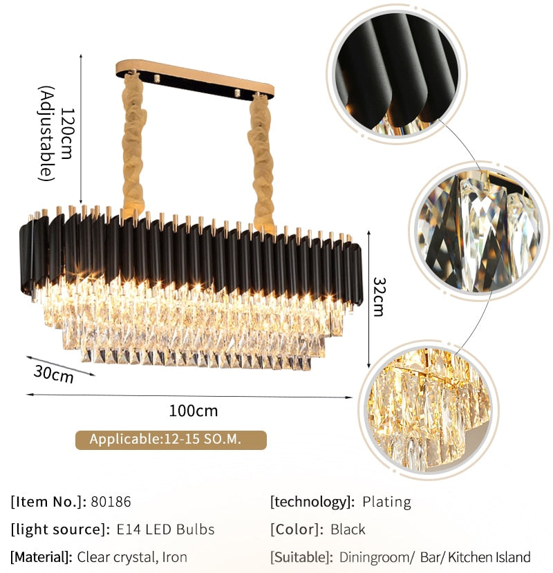 YLK Modern crystal chandelier for dining room oval design black hanging lamp