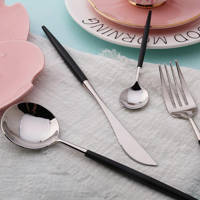 4 Pcs Mirror Surface Black & Silver Cutlery Set - Nordic Side -