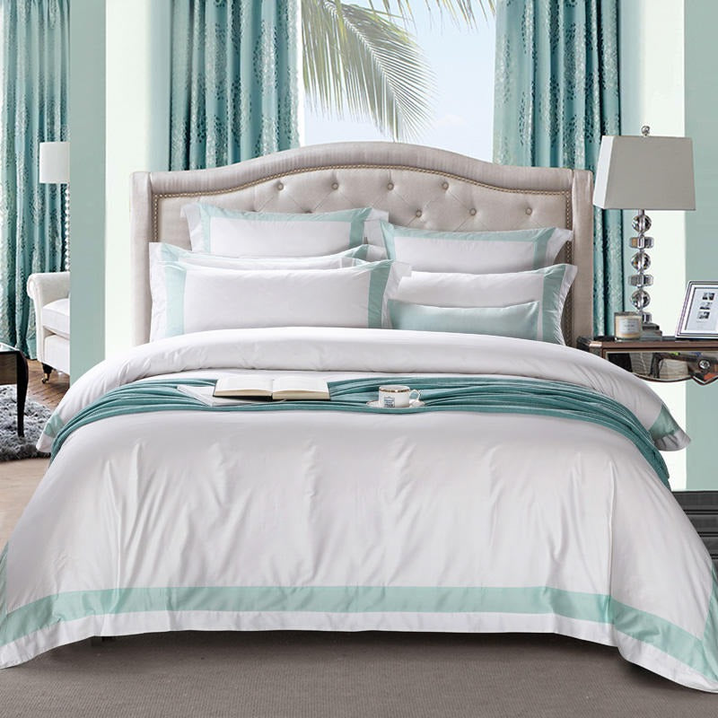 Degella Aqua Green Stripe Egyptian Cotton Luxury White Bedding Set