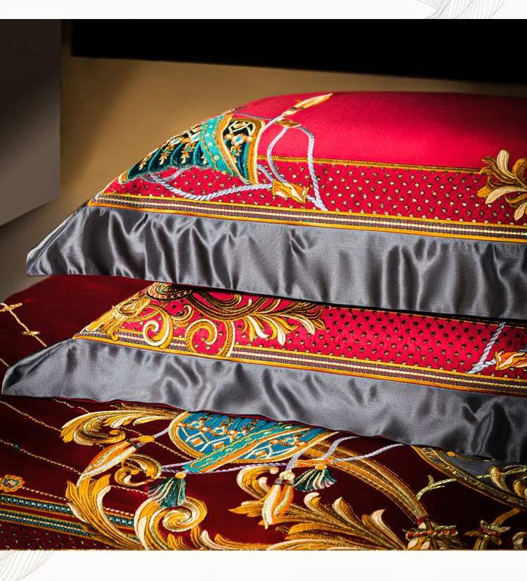 Niki Red Egyptian Cotton Embroidered Bedding Set