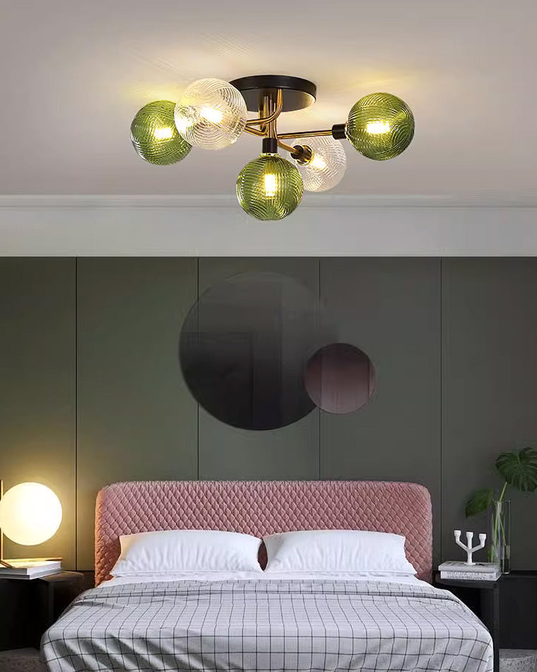 WOMO Ribbed Smoked/Green Glass Globe Ceiling Light-WM1110