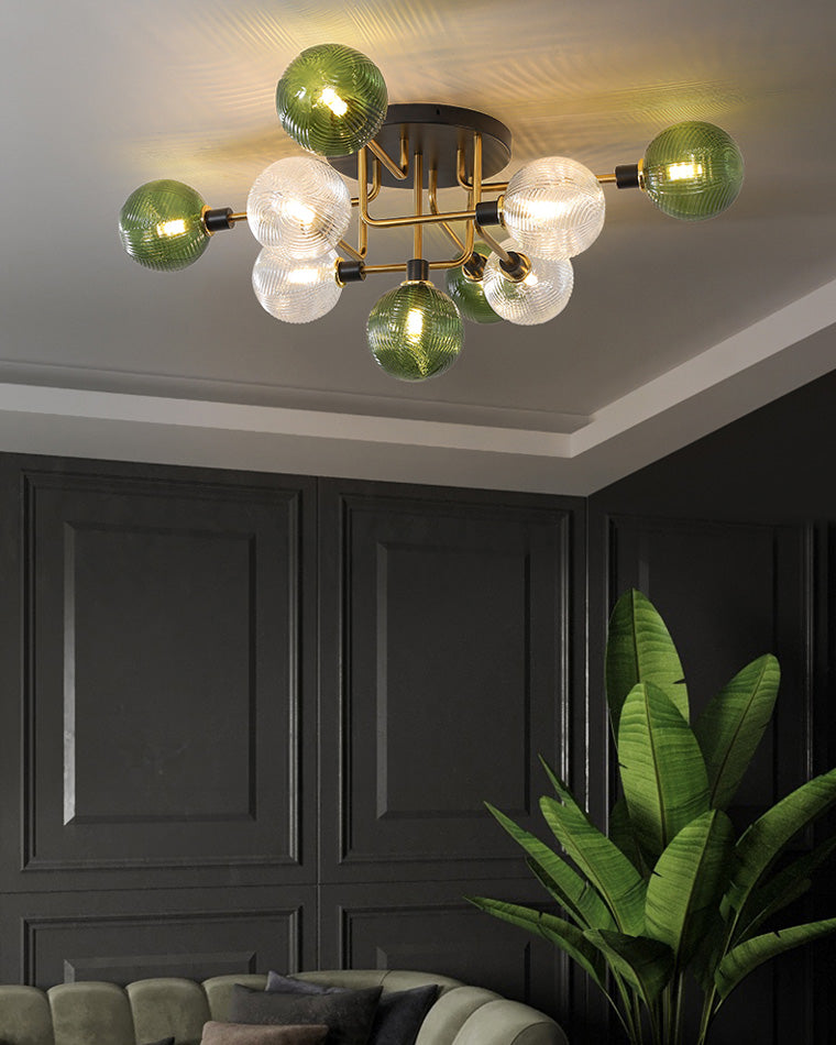 WOMO Ribbed Smoked/Green Glass Globe Ceiling Light-WM1110