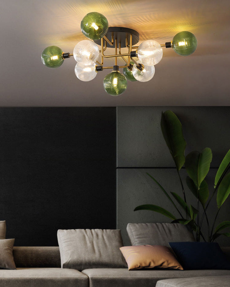 WOMO Ribbed Smoked/Green Glass Globe Ceiling Light-WM1110