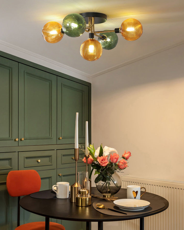 WOMO Ribbed Smoked/Green Glass Globe Ceiling Light-WM1110