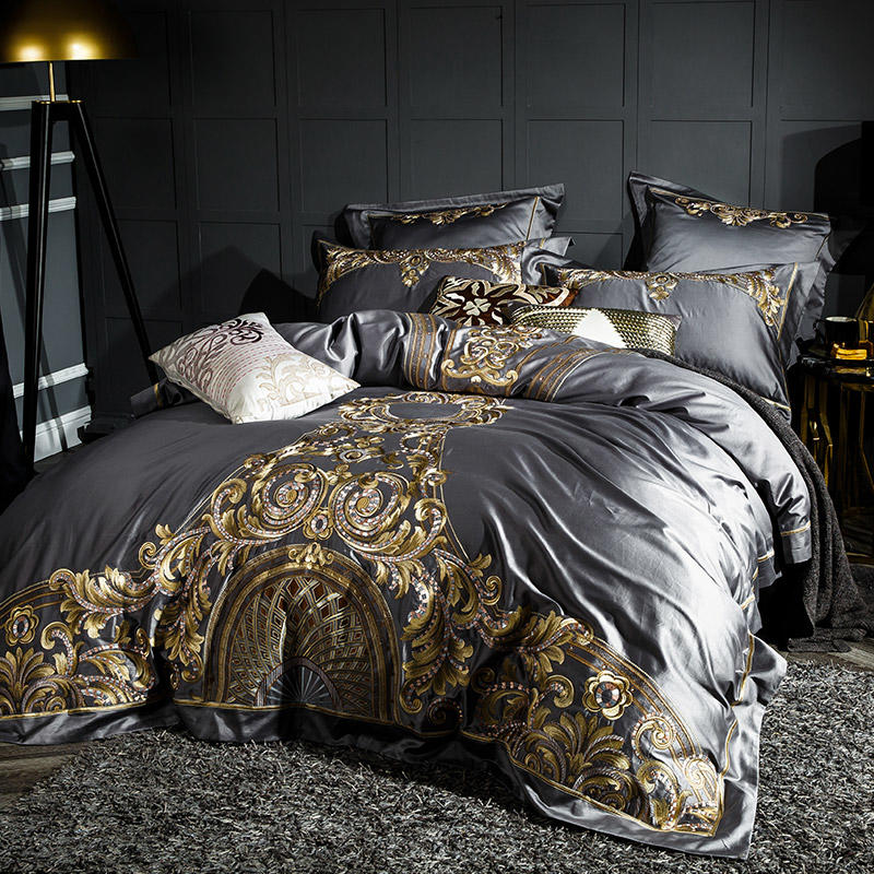 Lezkira Vibrant Grey Luxury Egyptian Cotton Embroidery Bedding Set