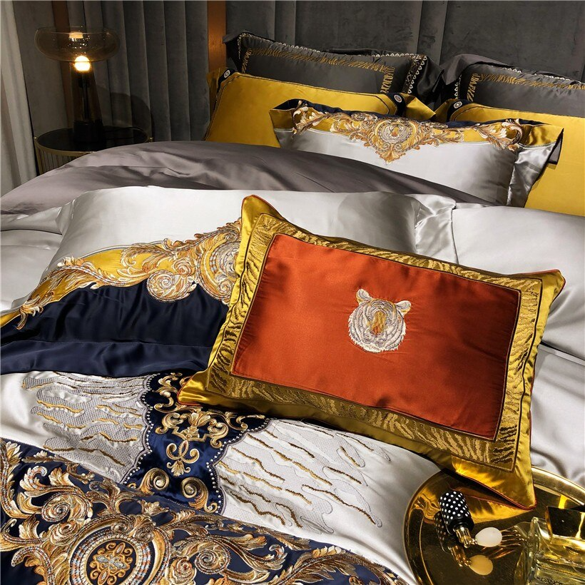 Daniella Gold Damask Embroidered Satin Egyptian Cotton Bedding Set