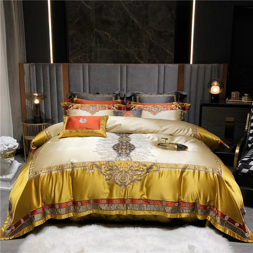 Daniella Gold Damask Embroidered Satin Egyptian Cotton Bedding Set