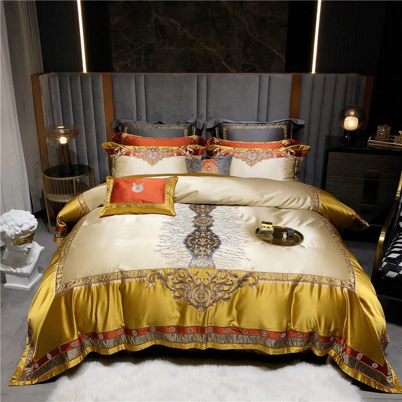 Daniella Gold Damask Embroidered Satin Egyptian Cotton Bedding Set