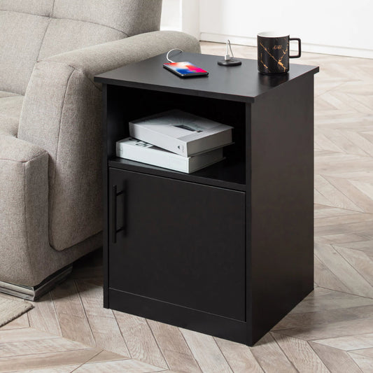 Egil - Modern Wide Top Open Shelf Cabinet Nightstand with Charging Station