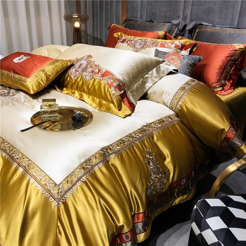 Daniella Gold Damask Embroidered Satin Egyptian Cotton Bedding Set