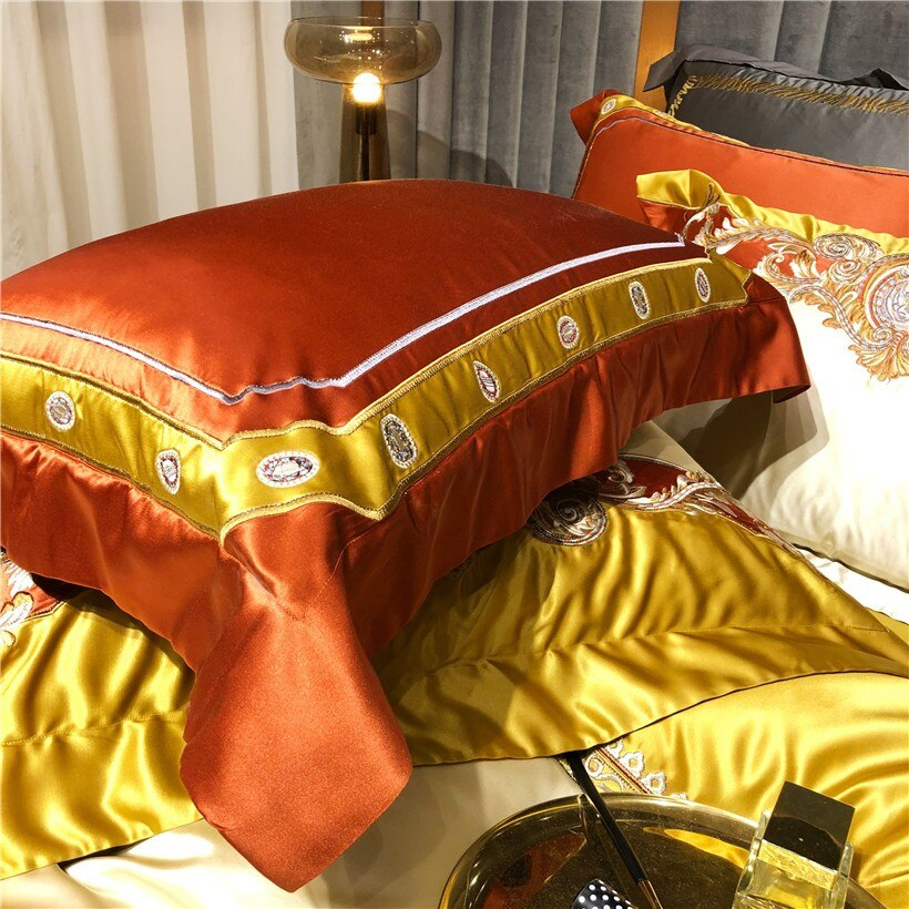 Daniella Gold Damask Embroidered Satin Egyptian Cotton Bedding Set