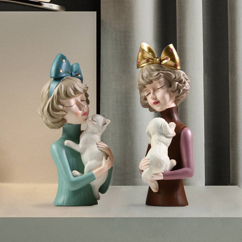 Cat Girl with Cat Statue