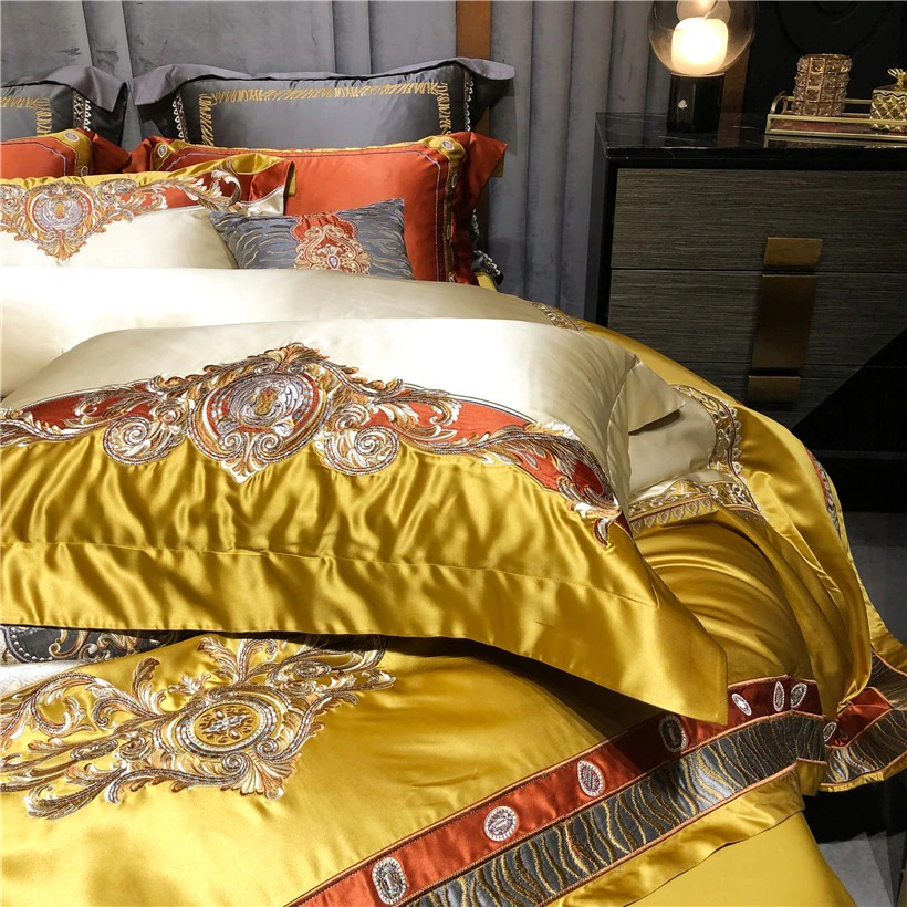 Daniella Gold Damask Embroidered Satin Egyptian Cotton Bedding Set