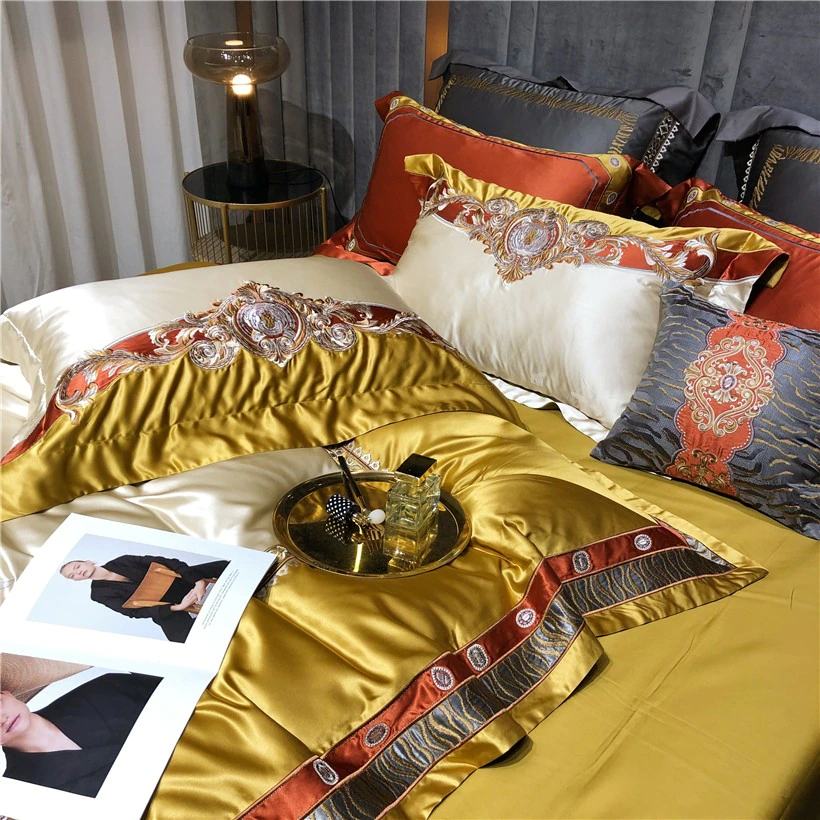 Daniella Gold Damask Embroidered Satin Egyptian Cotton Bedding Set