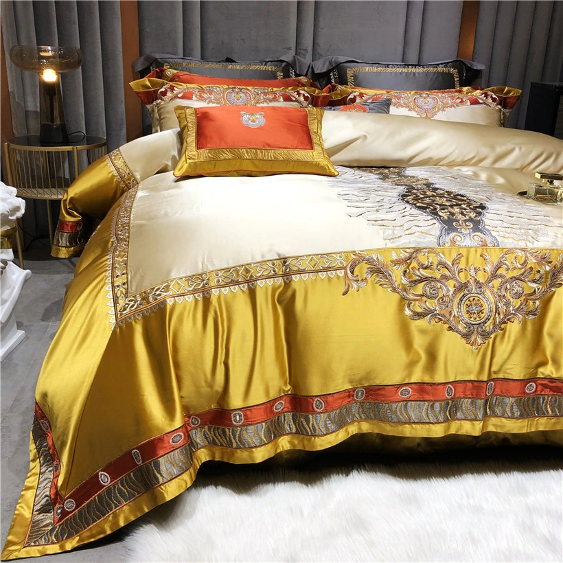 Daniella Gold Damask Embroidered Satin Egyptian Cotton Bedding Set