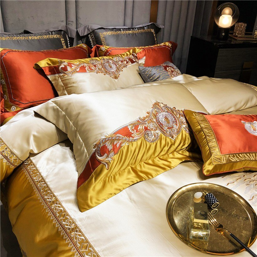 Daniella Gold Damask Embroidered Satin Egyptian Cotton Bedding Set