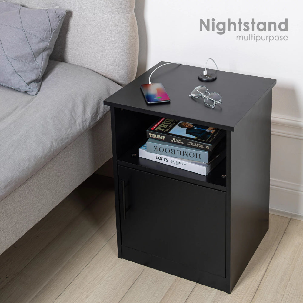 Egil - Modern Wide Top Open Shelf Cabinet Nightstand with Charging Station