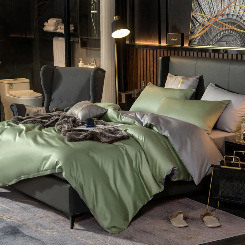 Shemir Light Green Silver Reversible Egyptian Cotton Bedding Set
