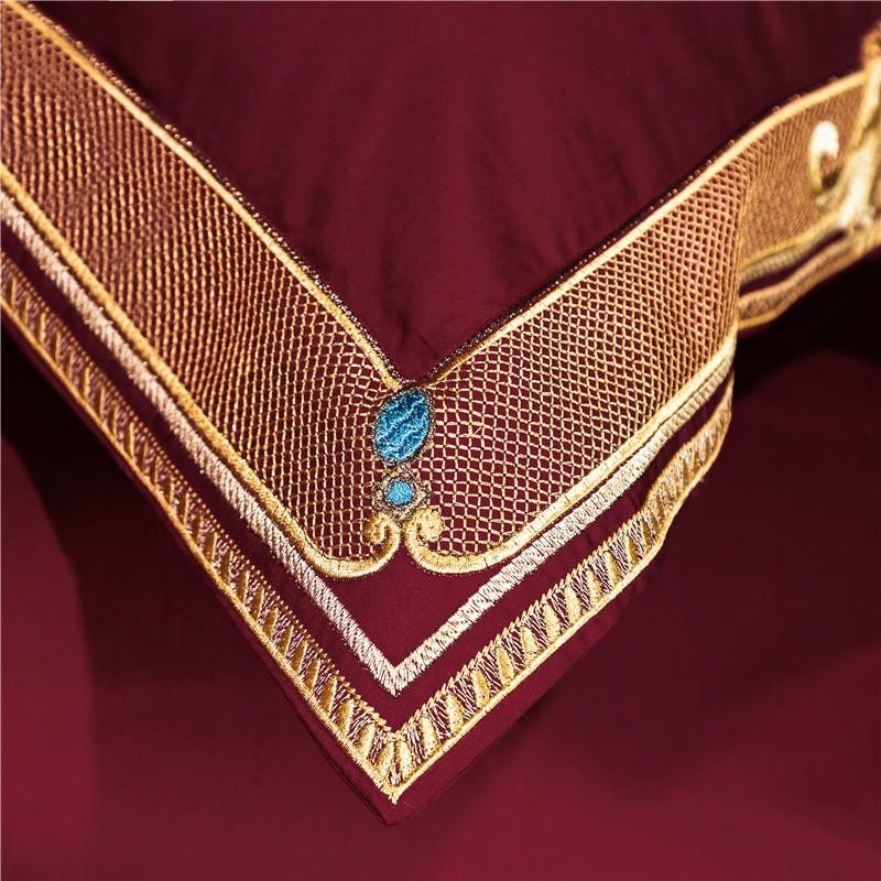 Anahi Red Embroidered Motif Border Egyptian Cotton Bedding Set