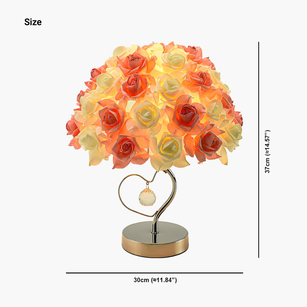 Table Lamp Artistic Rose Floral Crystal Heart, White & Pink