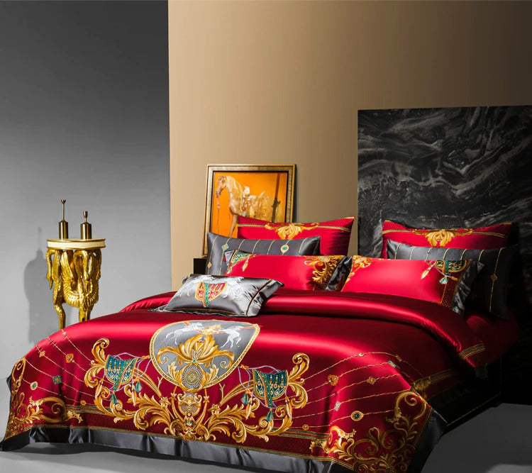 Niki Red Egyptian Cotton Embroidered Bedding Set