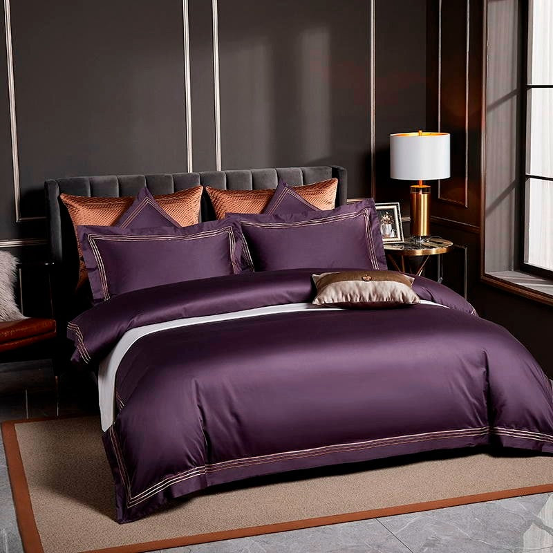 Leila Purple Embroidered Edge Egyptian Cotton Bedding Set