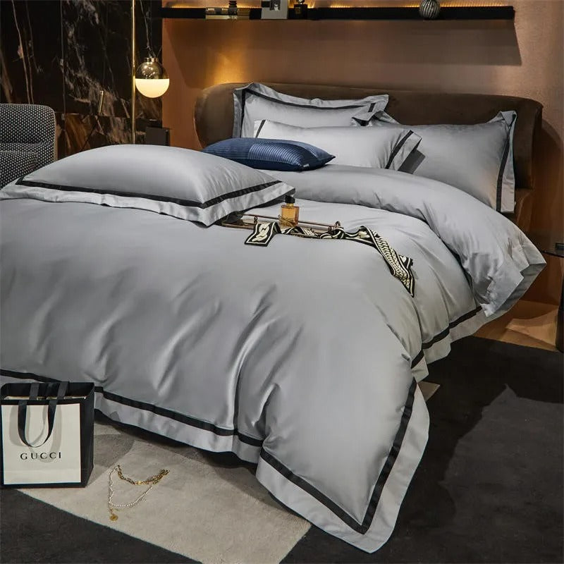 Brisa Silver Contrasting Hotel Stripe Bedding Set