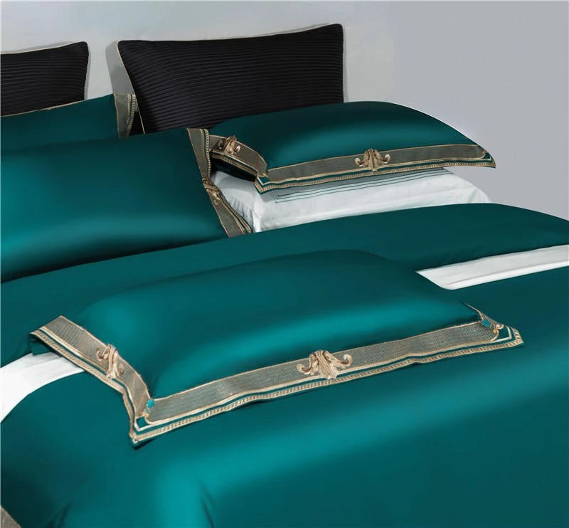 Anahi Green Embroidered Motif Border Egyptian Cotton Bedding Set