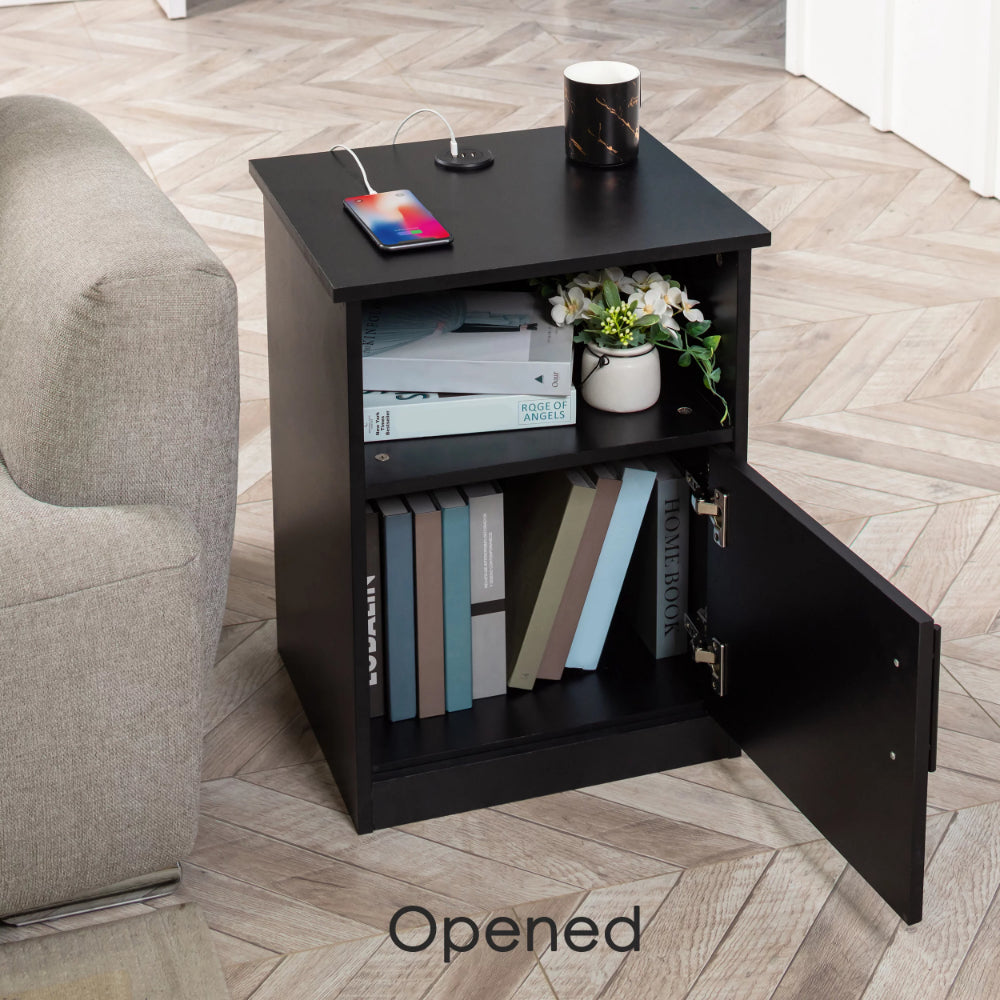 Egil - Modern Wide Top Open Shelf Cabinet Nightstand with Charging Station