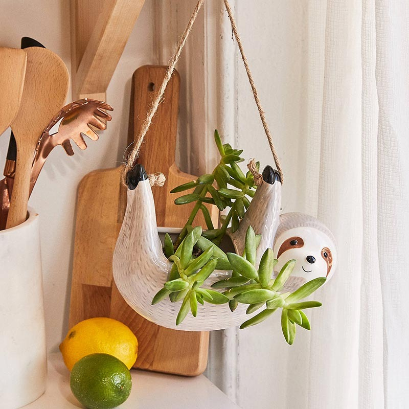 HomeQuill‚Ñ¢ Ceramic Hanging Sloth Plant Pot - Nordic Side - 