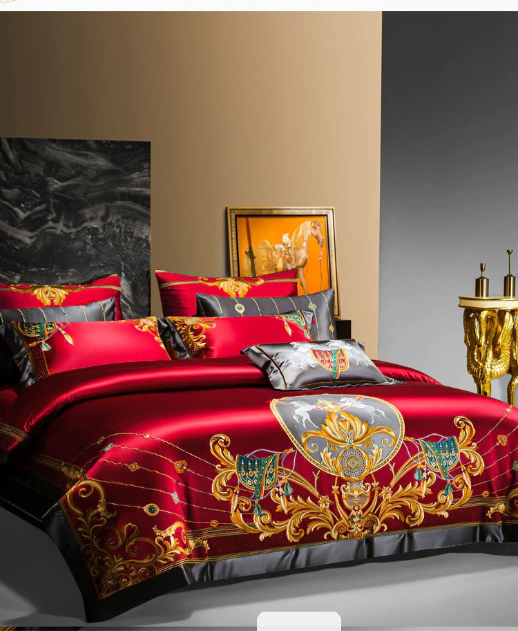 Niki Red Egyptian Cotton Embroidered Bedding Set