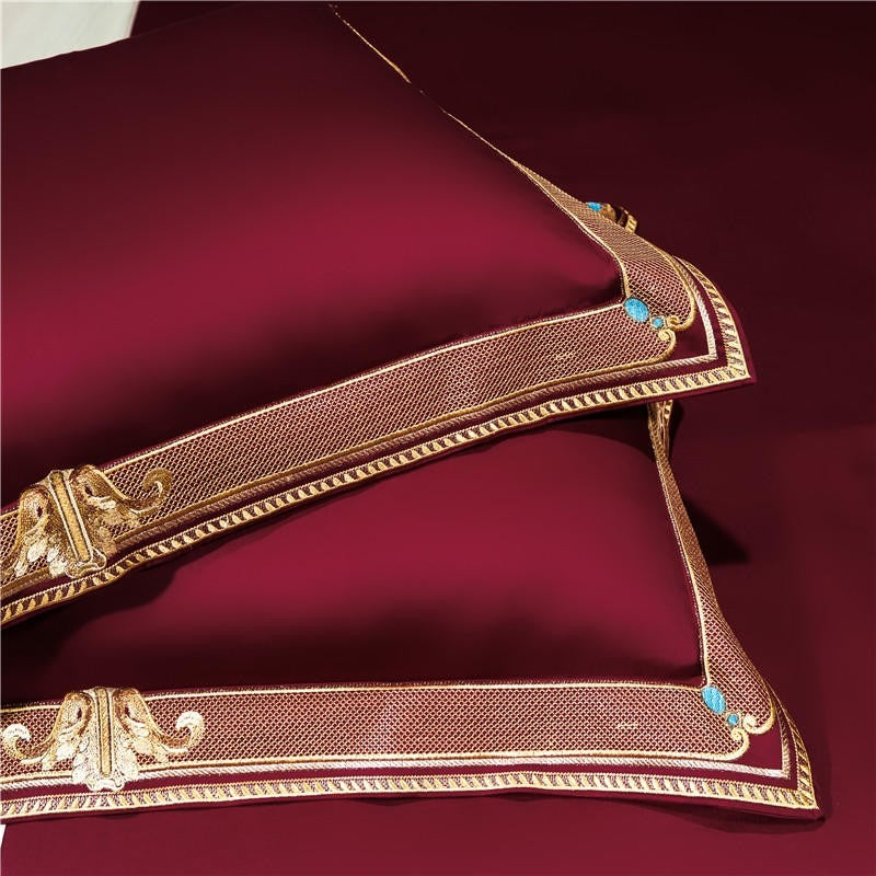 Anahi Red Embroidered Motif Border Egyptian Cotton Bedding Set