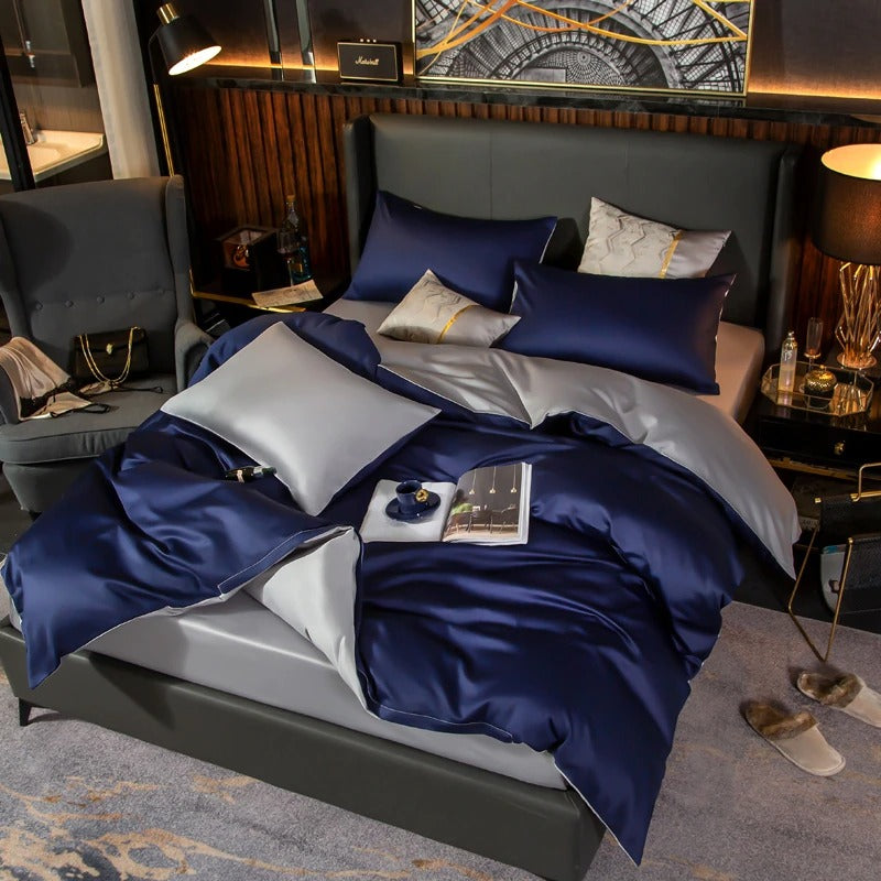 Shemir Royal Blue Silver Reversible Egyptian Cotton Bedding Set