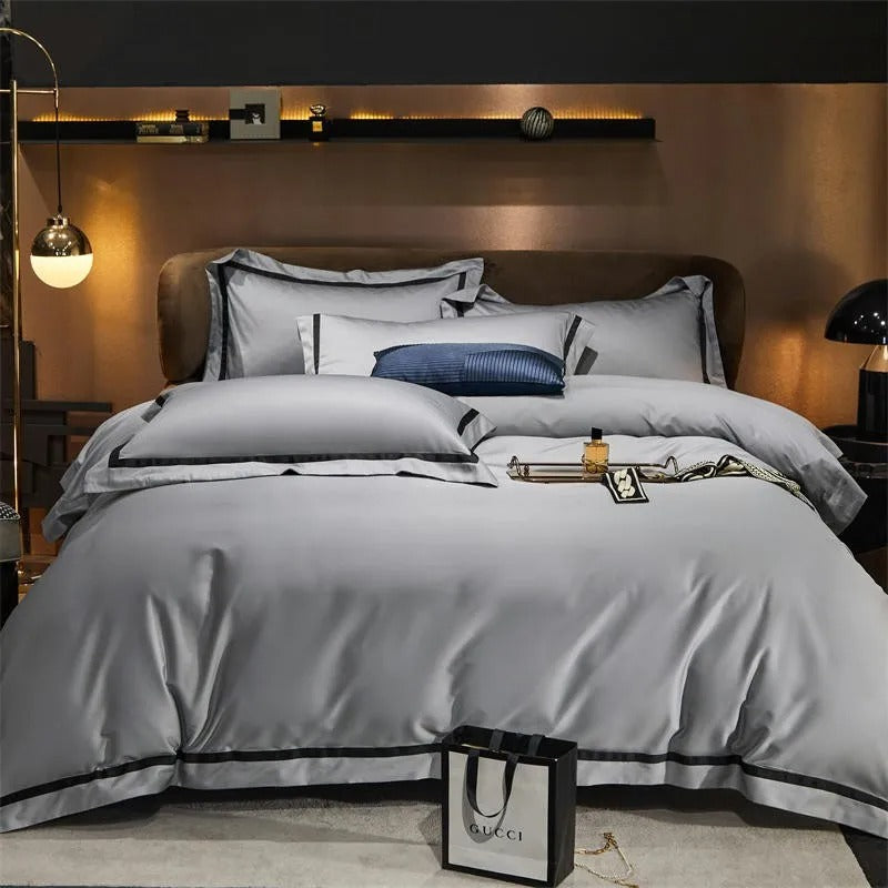 Brisa Silver Contrasting Hotel Stripe Bedding Set