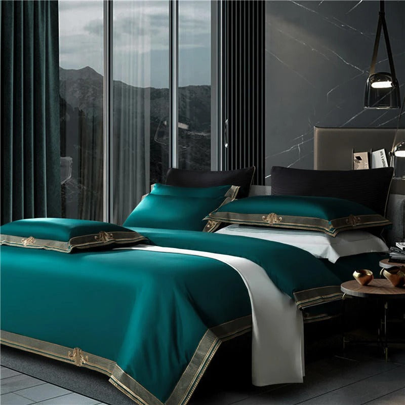 Anahi Green Embroidered Motif Border Egyptian Cotton Bedding Set