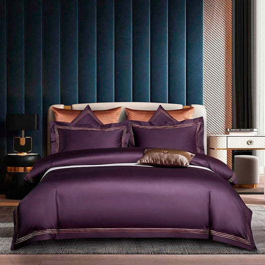 Leila Purple Embroidered Edge Egyptian Cotton Bedding Set