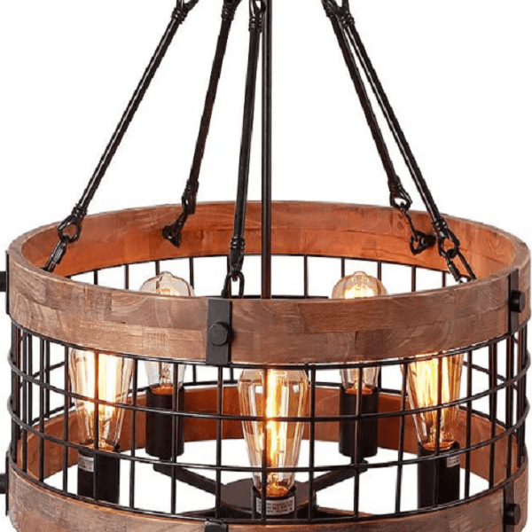 Ganeed - Round Wooden Chandelier Metal Pendant Five Lights Decorative