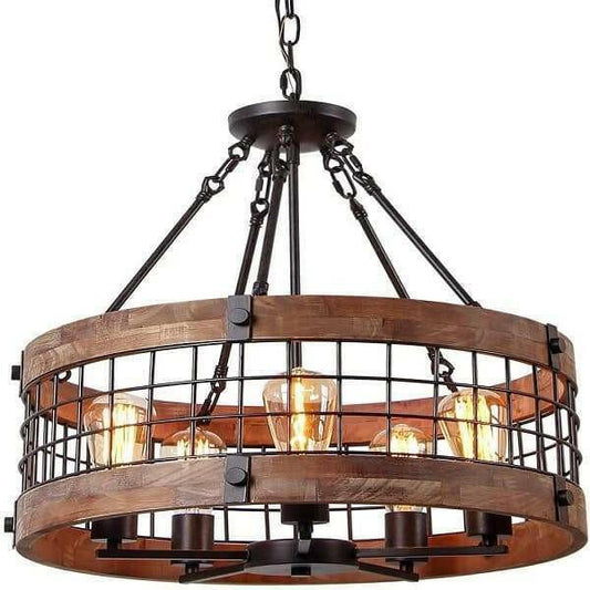 Ganeed - Round Wooden Chandelier Metal Pendant Five Lights Decorative