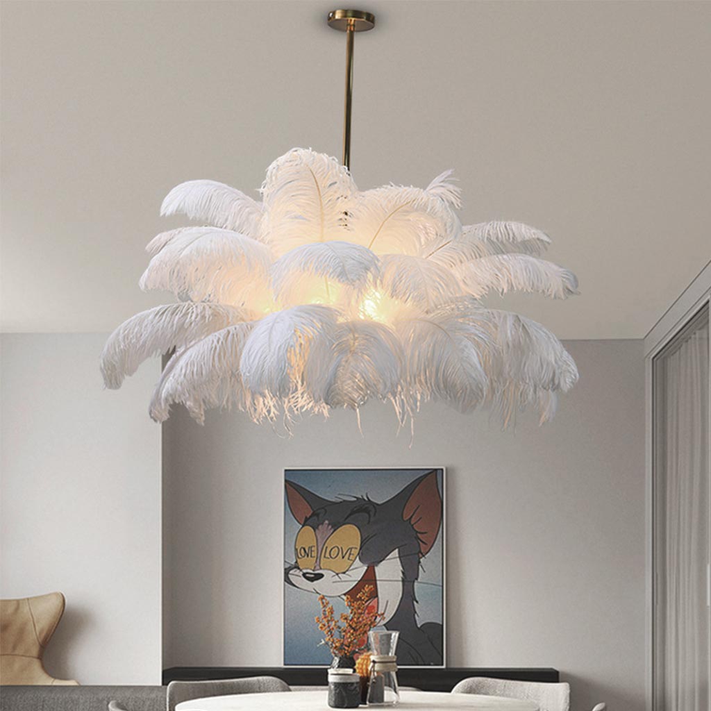 Ceiling Light Chandelier Ostrich Feather Lampshade Pendant Artistic, White