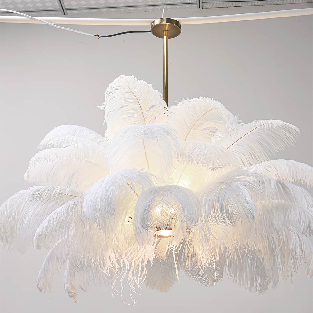 Ceiling Light Chandelier Ostrich Feather Lampshade Pendant Artistic, White