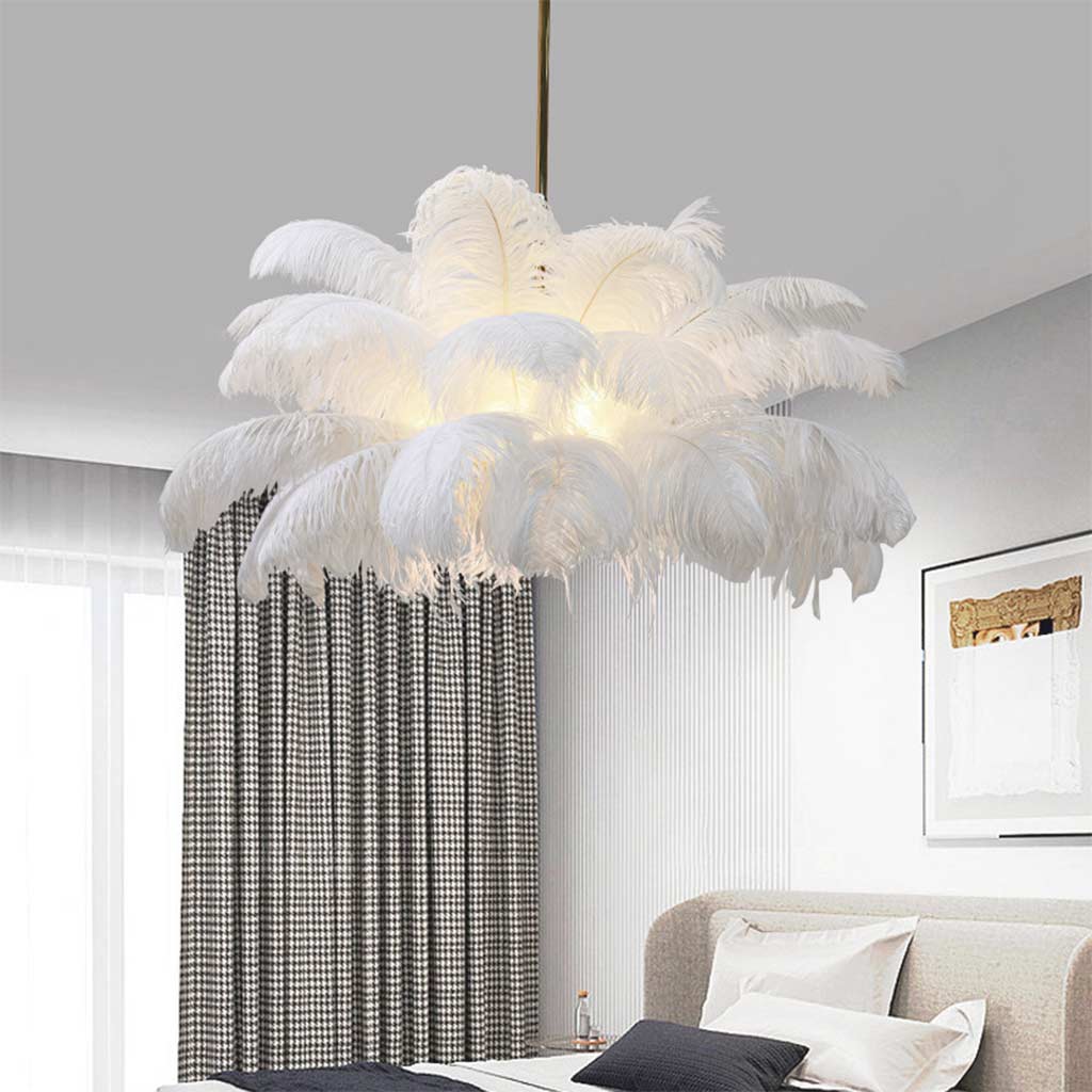 Ceiling Light Chandelier Ostrich Feather Lampshade Pendant Artistic, White