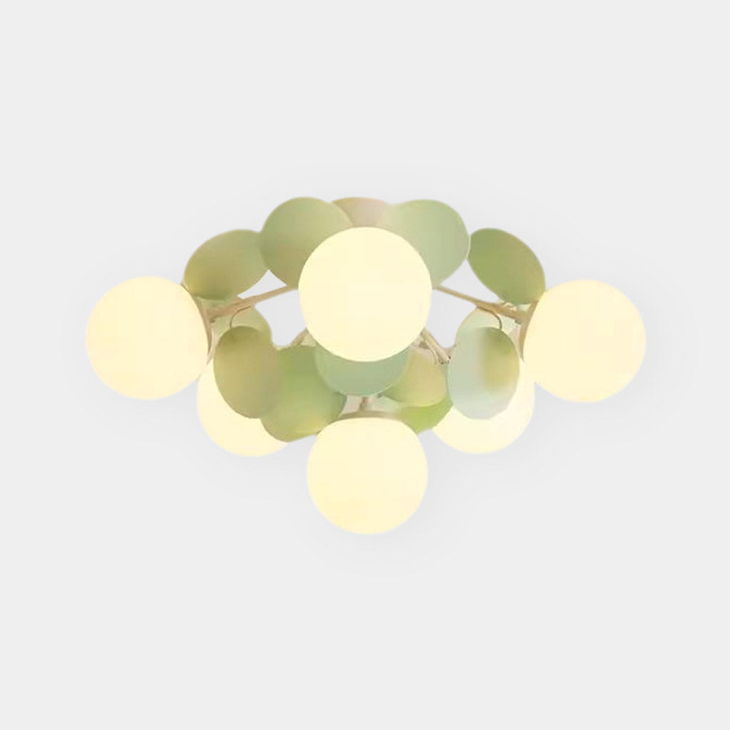 Ceiling Light Cream Glass Globe Branch, Green Leaves