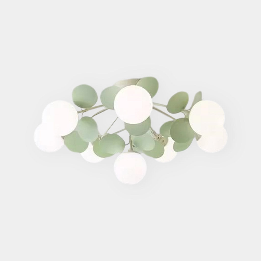 Ceiling Light Cream Glass Globe Branch, Green Leaves